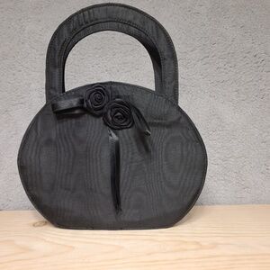Vintage Lisetta Paoletti Italy Black Moire Circle Handbag w/ Rosettes 90s Formal